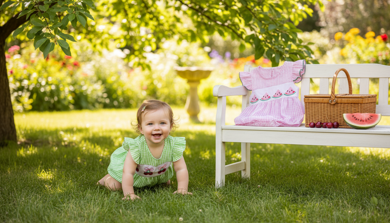 Fruit-Embroidered Plaid Fly-Sleeve Romper for Baby