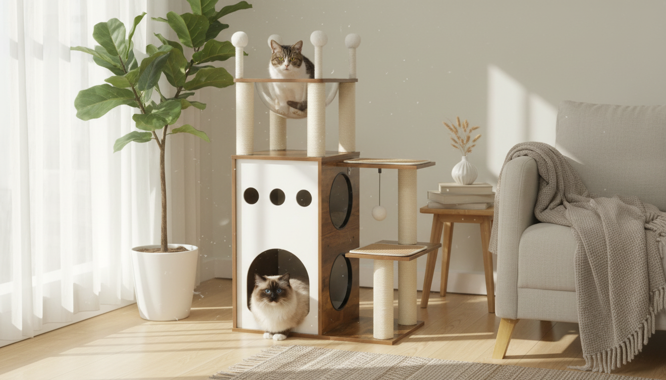 Modern Wooden Cat Tree Tower: Condo, Nest & Scratch Posts