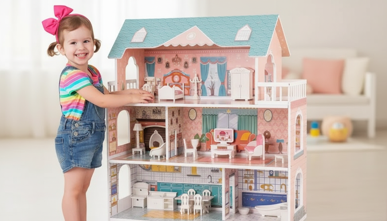 Wooden Dollhouse for 3.3” Dolls with 28 Pieces (3+)